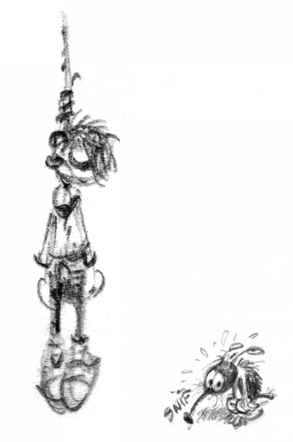Alors que «Les Tifous» sont morts-nés, le dessinateur enverra à Mauron ce dessin de Gaston, mort au bout d’une corde. Franquin