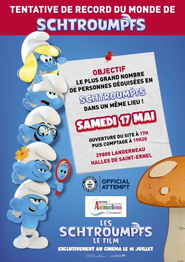 Affiche de la tentative de record mondial de Schtroumpfs à Landerneau