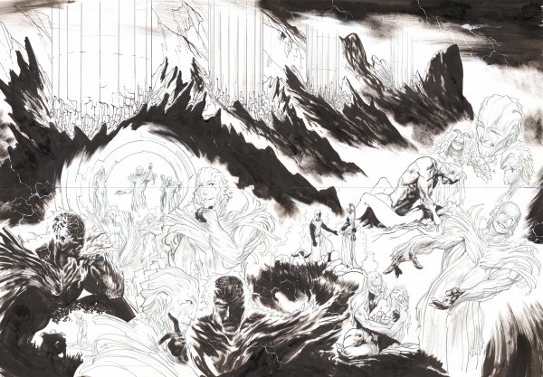 Ronan TOULHOAT Daemon, 2024 Les Vierges de Thessa Ronan TOULHOAT Daemon, 2024 Les Vierges de Thessalie, Tome 1 Planche Pages 34-35 Technique mixte sur papier 78 x 111,5 cm