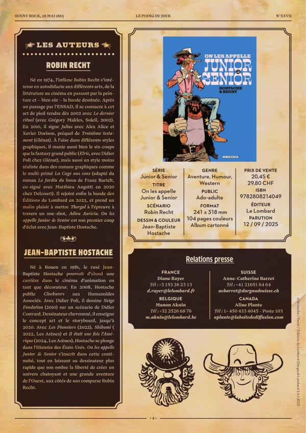 Fiche technique de la bande dessinée On les appelle Junior & Senior, western humoristique publié par Le Lombard le 12 septembre 2025