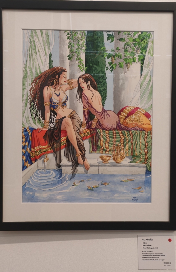 Œuvre originale d’Ana Miralles représentant Djinn et Kim Nelson, issue d’une version alternative de la couverture du tome 13 de Djinn. Présentée dans l’exposition « Rétrospective Ana Miralles » à la galerie Daniel Maghen