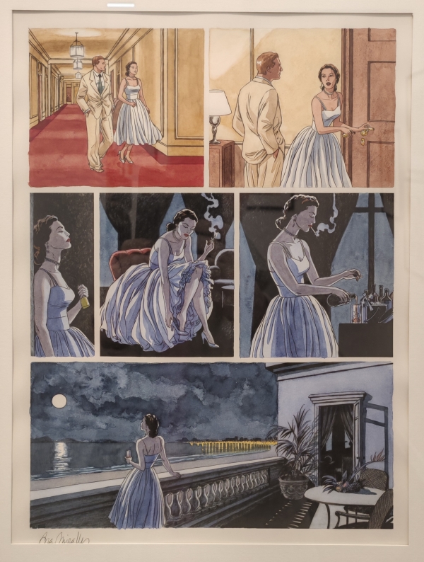 Belle planche muette extraite de Ava, bande dessinée d’Ana Miralles et Emilio Ruiz inspirée d’un épisode de la vie d’Ava Gardner. Une œuvre exposée à la galerie Daniel Maghen lors de la rétrospective dédiée à la dessinatrice espagnole.