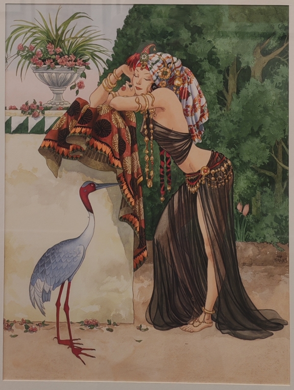 Dans ses illustrations, Ana Miralles accorde une grande importance aux éléments qui définissent ses personnages — étoffes, bijoux, ou encore échassiers —, symboles de leur identité et de leur lien avec la nature. Œuvre présentée à la galerie Daniel M