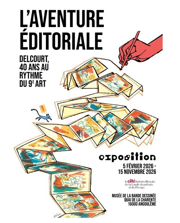 Affiche de l’exposition (illustration d’Alfred) L’affiche officielle de l’exposition « L’Aventure éditoriale Delcourt, 40 ans au rythme du 9e art », illustrée par Alfred.