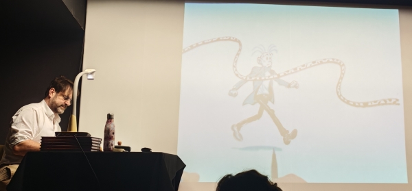 Un vendredi au Grand Off d’Angoulême Ce n'est pas le Marsupilami, le personnage de BD dessiné en live par Bertail à trouver, mais Fantasio ! Il y avait un piège ! Grrrr...