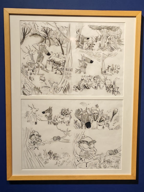 Le loup en slip, né dans Les vieux fourneaux, a une vie indépendante dans des livres dédiés et a droit aussi à une belle expo !