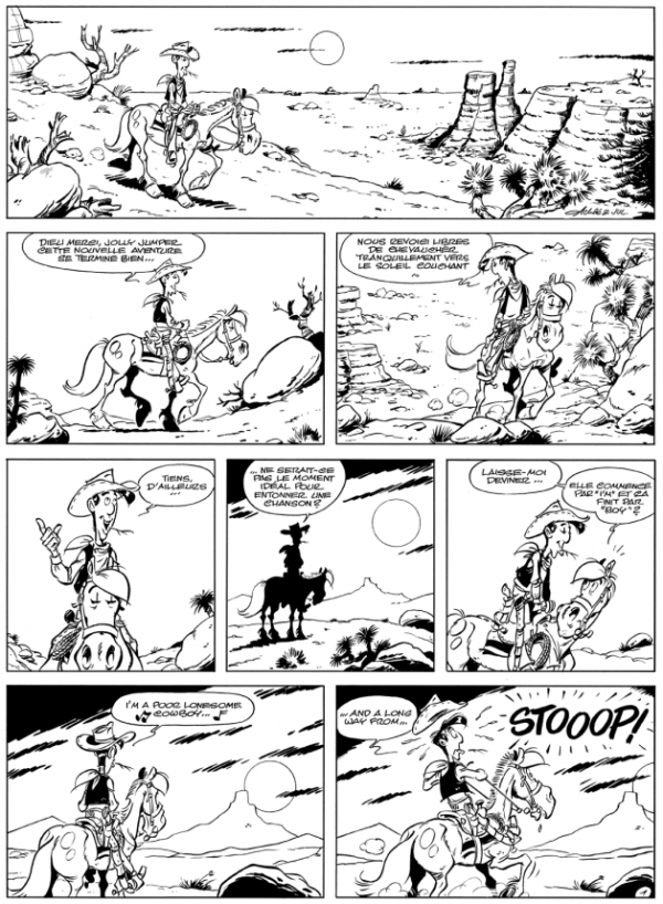 EN EXCLUSIVITÉ La toute première planche noir et blanc du prochain Lucky Luke par Jul et Achdé, qui sortira fin octobre 2026 © Achdé - Lucky Comics 2026