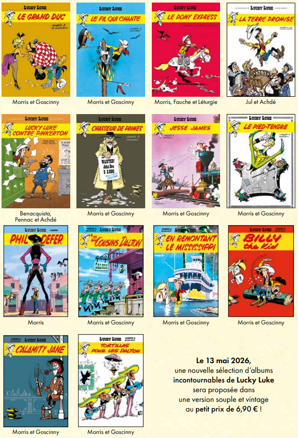 Le 13 mai 2026, une nouvelle sélection d’albums incontournables de Lucky Luke sera proposée dans une version souple et vintage au petit prix de 6,90 € !