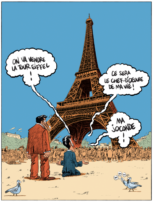 Les auteurs Stéphane Marchetti et Joseph Falzon présentent avec humour le coup de génie de Victor Lustig : vendre la Tour Eiffel