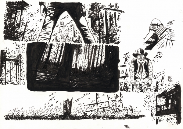 Brüno Lucky Luke, 2024 Dakota 1880 Cases de la page 51 Encre de Chine sur papier 28 x 41,5 cm Éditeur Lucky Comics Signé et daté en bas à droite