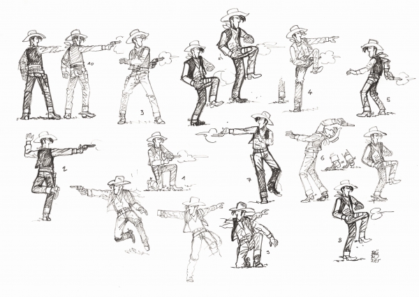 Brüno Lucky Luke, 2025 Dakota 1880 Études de pages de garde Feutre sec sur papier 38,5 x 56,5 cm Éditeur Lucky Comics Signé et daté en bas à droite