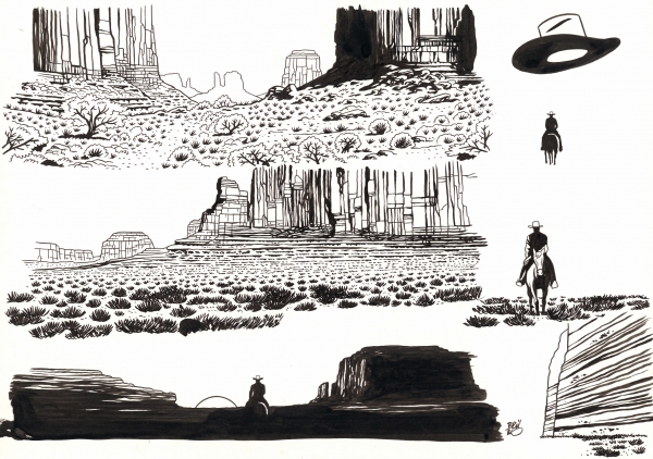 Brüno Lucky Luke, 2025 Dakota 1880 Cases des pages 61-62 Encre de Chine sur papier 29 x 41,5 cm Éditeur Lucky Comics Signé en bas à droite