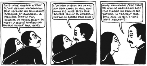 Le père de Marji rend compte de l’absurdité d’une telle guerre : les torts sont partagés entre l’Occident et l’État dont l’hypocrisie cherche à soulager les peines.