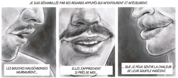 Le regard d’Amélie se superpose à celui des hommes dont Mansoureh a subi le poids. Le regard reproduit l’objectification de la femme