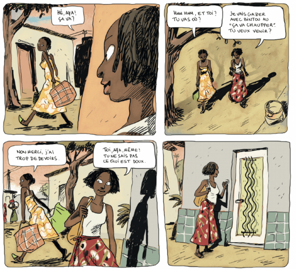 Extrait du tome 1 de Aya de Yopougon, signé Marguerite Abouet au scénario et Clément Oubrerie aux illustrations