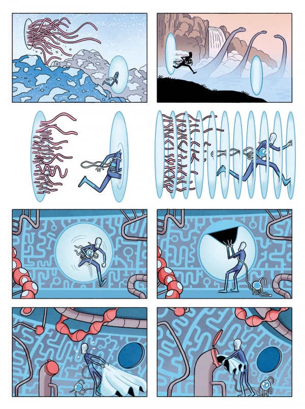 Le jour le plus long du futur Lucas Varela Planche extraite de la réédition de Le jour le plus long du futur, que rend dynamique le style SF de Lucas Varela.