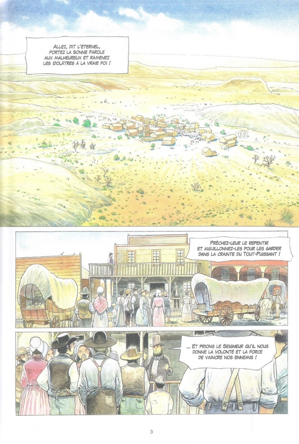 Planche extraite de Blue Tattoo, dessinée par Pierre-Emmanuel Dequest, évoquant le Far West américain.