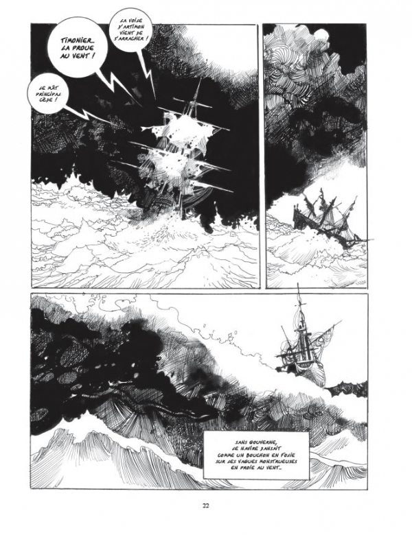 Extrait de la bande dessinée Robinson Crusoé, adaptée du roman de Daniel Defoe par Sergio Toppi au dessin.