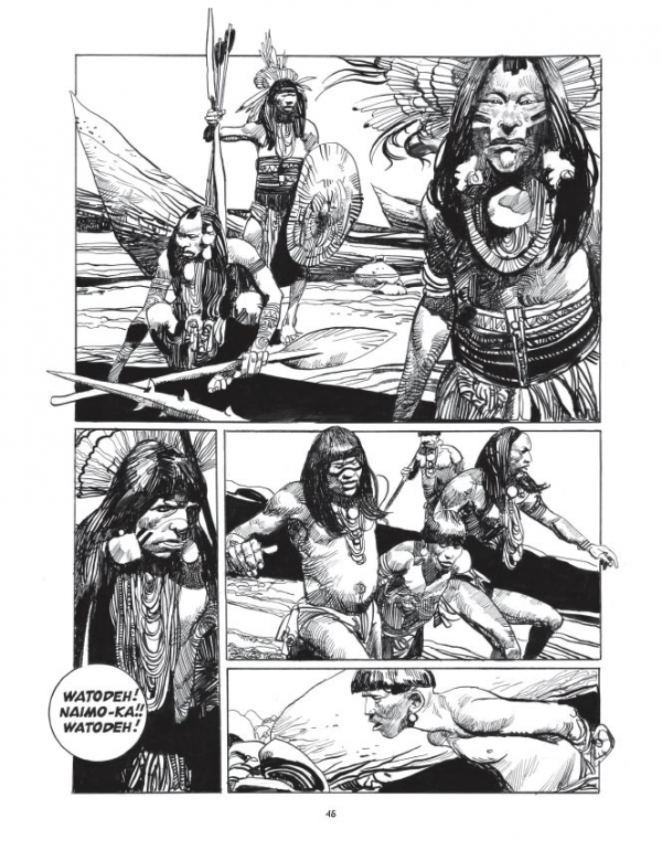 Extrait de la bande dessinée Robinson Crusoé, adaptée par Sergio Toppi aux illustrations.