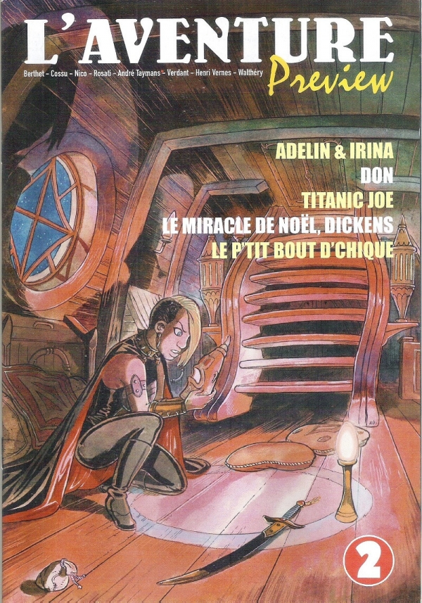 Couverture de la revue L’Aventure Preview n°2 – Deuxième numéro du trimestriel de bande dessinée des Éditions du Tiroir (2019), mêlant prépublications d’albums, récits courts et chroniques graphiques.