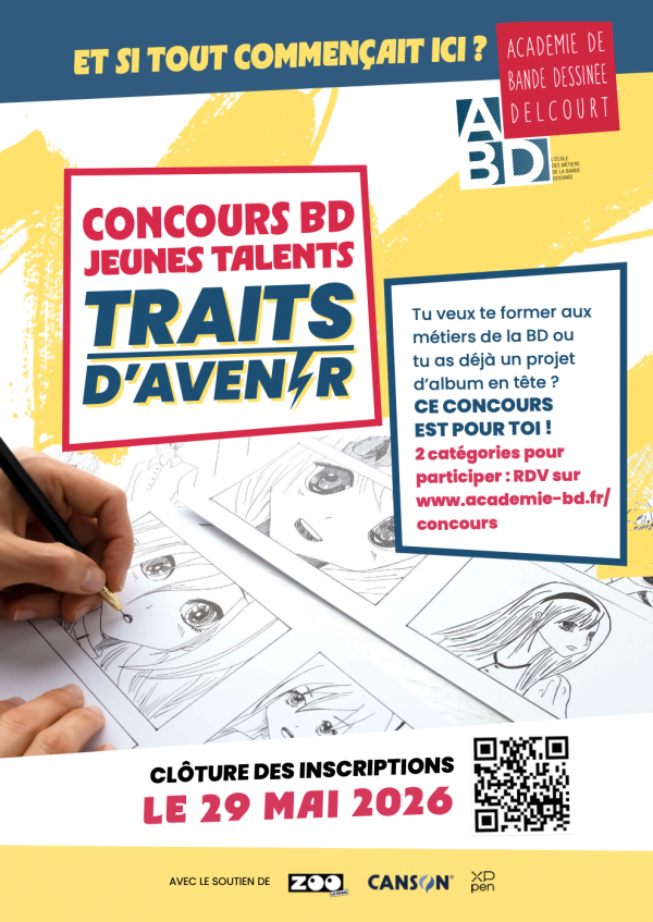 Affiche officielle du concours BD Jeunes Talents, organisé par l'Académie de bande dessinée Delcourt