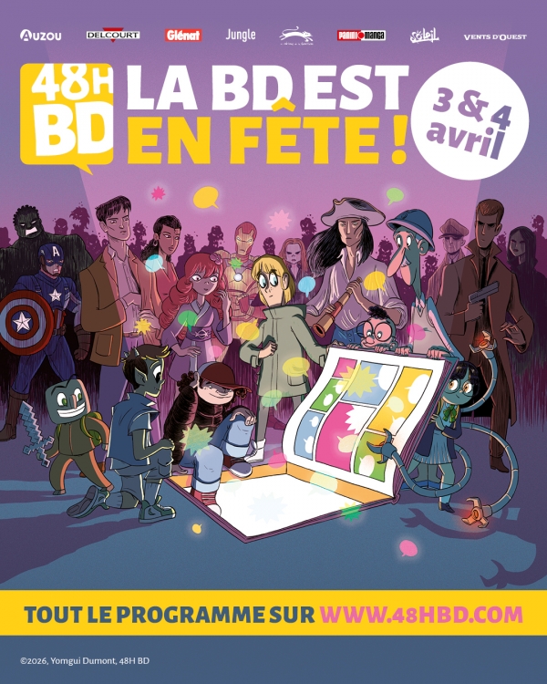 Affiche de l'édition 2026 des 48H BD (03 & 04 avril), réalisée par Yomgui Dumont, le dessinateur de La Brigade des Cauchemars (Ed. Jungle)