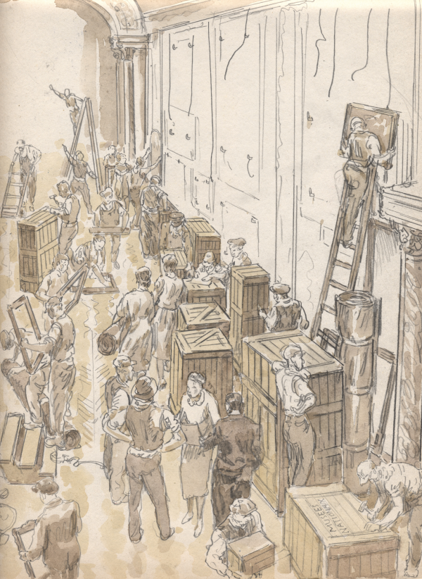 Croquis de recherche, inédit, sur le décrochage des oeuvres d'art