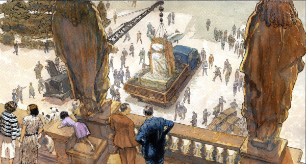 Certaines situations sont plus métaphoriques : par exemple, la Niké de Samothrace sur un camion