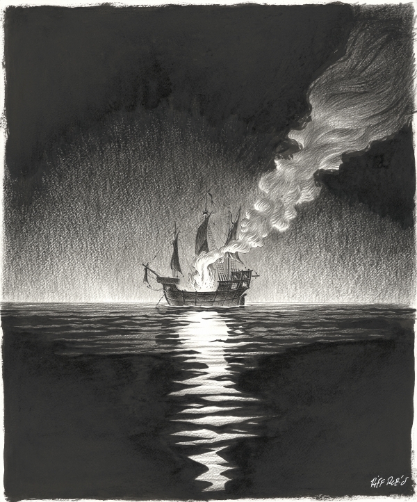 Illustration originale pour la quatrième de couverture du tirage noir et blanc. Encre de chine et crayon gras sur papier.