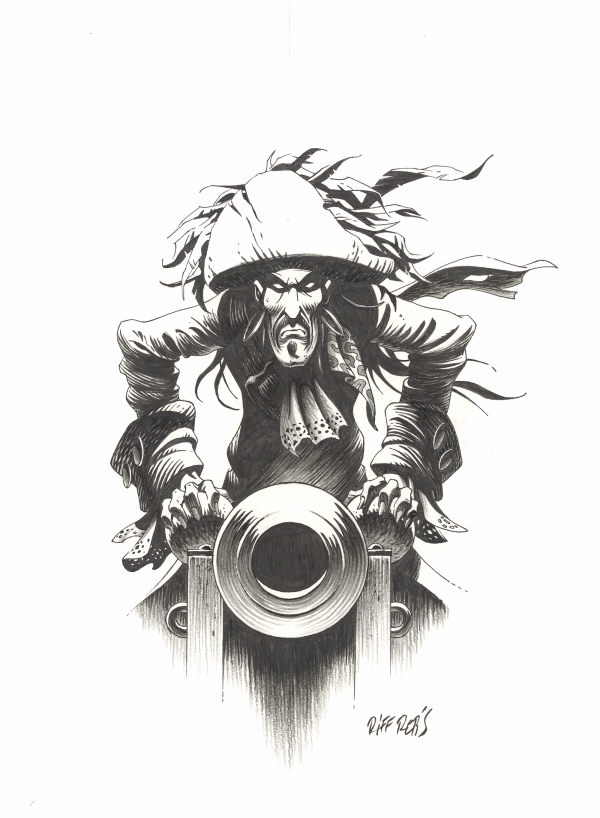 Kermok Le pirate : illustration originale pour la quatrième de couverture de l'album et la page de titre de l'édition Luxe. Encre de Chine et Crayon gras sur papier. 1700€