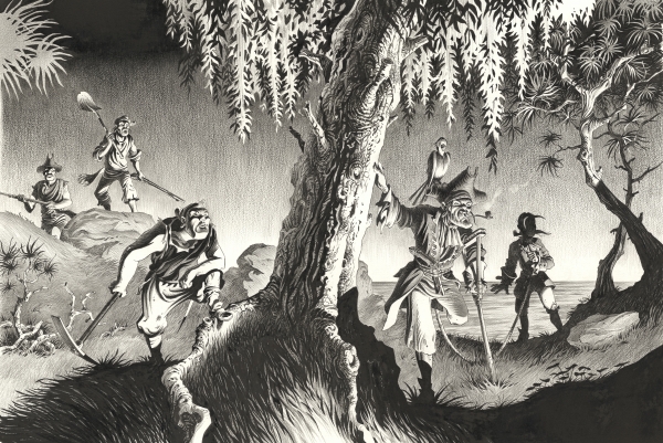 L'Ile au Trésor aux éditions Maghen 2022, L'arbre au squelette, illustration originale. Encre de chine et crayon gras sur papier au prix de 4500€.