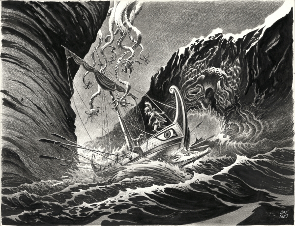 Riff Reb's : Illustration originale. Encre de Chine, crayon gras et gouache blanche sur papier. 4000€.