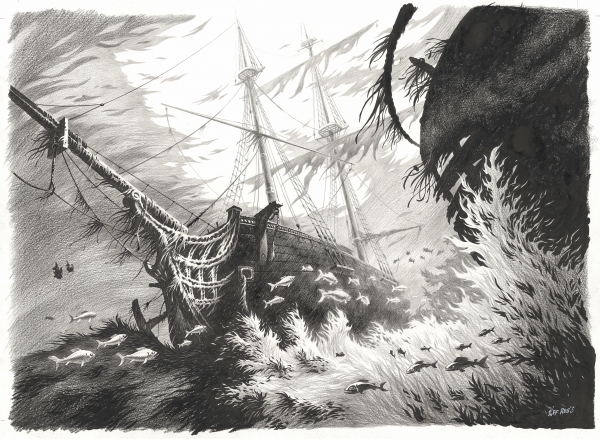 Riff Reb's : Kernok Le pirate. Illustration originale inédite. Encre de chine et crayon gras sur papier