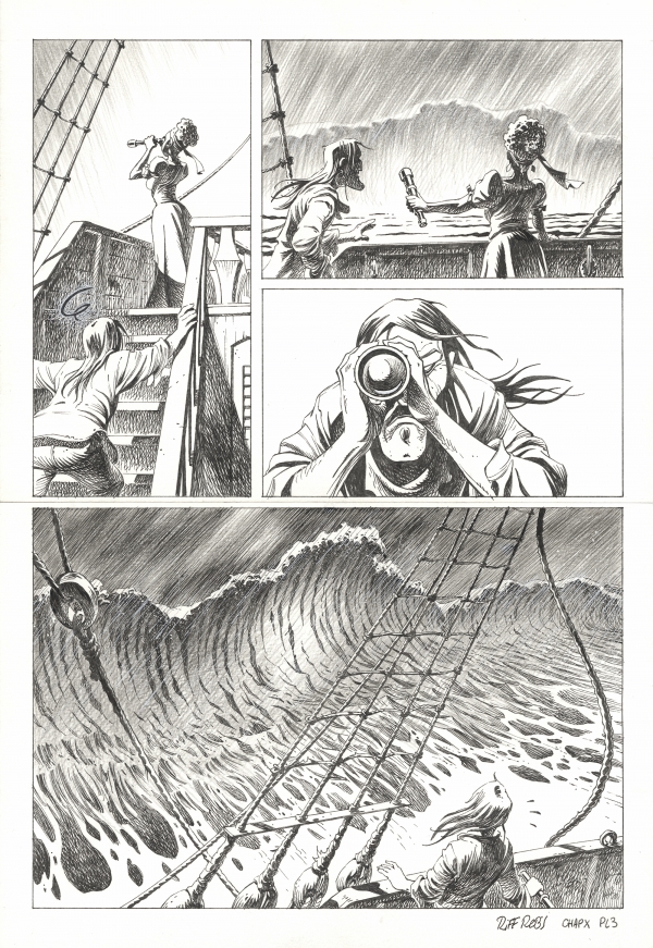Riff Rebs : Kernok le pirate - Chapitre X, planche originale n°3. Encre de Chine, crayon gras et gouache blanche sur papier.
