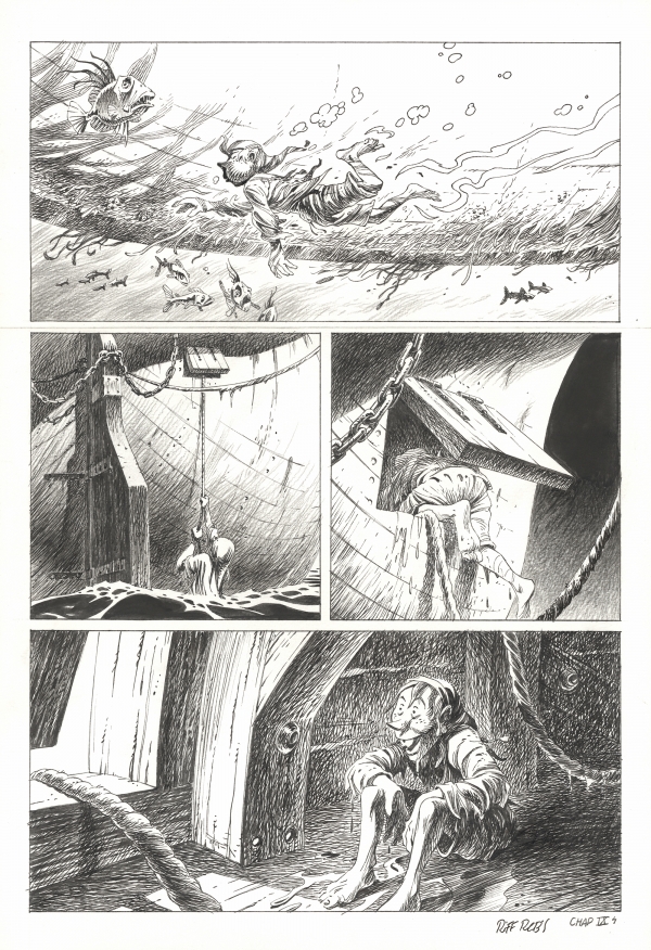 Riff Rebs : Kernok le pirate - Chapitre IX, planche originale n°4. Encre de Chine et crayon gras sur papier. 2500€